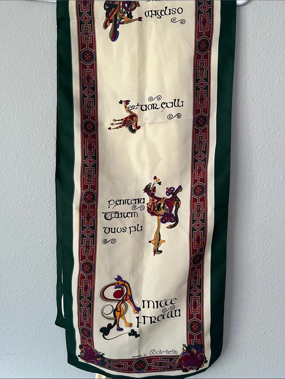 Irish Inspired Cream Scarf with Green Border and Multicolor Celtic Motif
